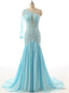 One Shoulder Sheer Back Floor Length with Train Mermaid Prom Dresses