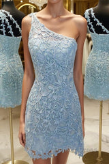 One Shoulder Short Lace Prom Dresses, Short Lace Formal Homecoming Dresses