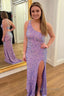 One Shoulder Sparkly Lilac Sequins Long Prom Dresses with Slit
