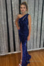 One Shoulder Sparkly Royal Blue Sequins Long Prom Dresses with Slit