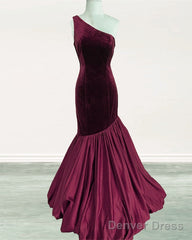 One Shoulder Velvet Prom Dresses Mermaid Satin Ruffles