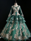 Online Store Dark Green Ball Gowns Tulle Long Sleeve Appliques Quinceanera Dresses