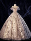 Online Store Gold Ball Gowns Tulle Sequins Cap Sleeve Beading Quinceanera Dresses