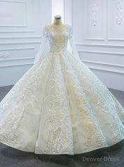 Online Store White Ball Gown Lace Appliques Long Sleeve Beading Wedding Dress