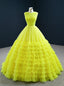 Online Store Yellow Ball Gown Tulle Pleata Tiers Floor Length Prom Dress