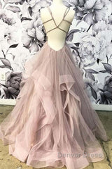 Open Back Dusty Pink Long Prom Dresses Simple Evening Gowns,