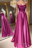 Open Back Fuchsia Satin Ruched Long Prom Dress, Long Fuchsia Prom Graduation Prom Dresses