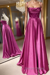 Open Back Fuchsia Satin Ruched Long Prom Dresses, Long Fuchsia Formal Graduation Evening Dresses