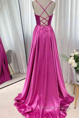 Open Back Fuchsia Satin Ruched Long Prom Dresses, Long Fuchsia Formal Graduation Evening Dresses
