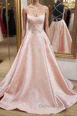 Open Back Pink Satin Long Prom Dresses, Backless Pink Satin Long Formal Evening Dresses