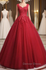 Open Back Red Lace Long Prom Dresses, Red Lace Formal Evening Dresses, Red Ball Gown