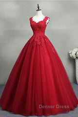 Open Back Red Lace Long Prom Dresses, Red Lace Formal Evening Dresses, Red Ball Gown