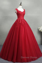 Open Back Red Lace Long Prom Dresses, Red Lace Formal Evening Dresses, Red Ball Gown