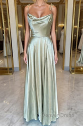 Open Back Sage Satin Long Prom Dresses with High Slit, Long Sage Formal Graduation Evening Dresses
