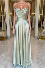 Open Back Sage Satin Long Prom Dresses with High Slit, Long Sage Formal Graduation Evening Dresses