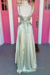 Open Back Sage Satin Long Prom Dresses with High Slit, Long Sage Formal Graduation Evening Dresses