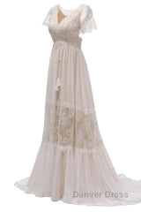 Open Back Short Sleeves V-Neck  Lace Beach Wedding Dresses