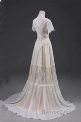 Open Back Short Sleeves V-Neck  Lace Beach Wedding Dresses