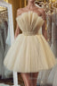 Open Back Strapless Champagne Tulle Short Prom Homecoming Dress, Strapless Champagne Prom Graduation Prom Dresses
