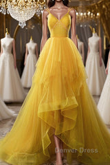 Open Back V Neck High Low Yellow Tulle Long Prom Dresses, High Low Yellow Formal Evening Dresses