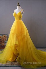 Open Back V Neck High Low Yellow Tulle Long Prom Dresses, High Low Yellow Formal Evening Dresses
