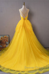 Open Back V Neck High Low Yellow Tulle Long Prom Dresses, High Low Yellow Formal Evening Dresses
