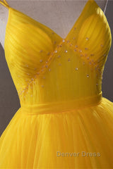 Open Back V Neck High Low Yellow Tulle Long Prom Dresses, High Low Yellow Formal Evening Dresses