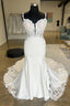 Open Back V Neck Mermaid White Lace Long Prom Dress With Train, White Lace Wedding Dress, White Prom Dresses A2132