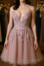 Open Back V Neck Pink Lace Appliques Prom Dress, Pink Lace Homecoming Dress, Short Pink Prom Graduation Prom Dresses
