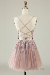 Open Back V Neck Pink Lace Appliques Prom Dresses, Pink Lace Homecoming Dresses, Short Pink Formal Graduation Evening Dresses