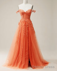Orange A-Line Tulle Split Dress With Lace Appliques