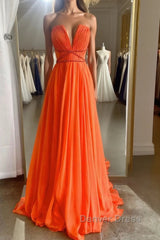 Orange Aline chiffon long prom Dresses, orange long evening Dresses