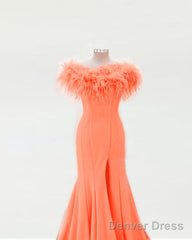 Orange Feather Mermaid Split Prom Dresses