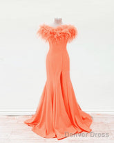 Orange Feather Mermaid Split Prom Dresses