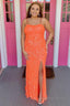 Orange Lace Up Sequins Prom Dresses with Slit
