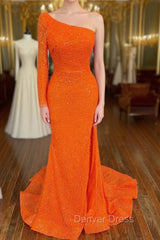 Orange Long Sleeve Sequined Prom Dresses With Slit
