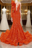 Orange Mermaid One Sleeve Prom Dress Sequined Lace Jewel Ruffles Prom Dresses with Appliques