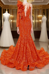 Orange Mermaid One Sleeve Prom Dresses Sequined Lace Jewel Ruffles Evening Party Dresses with Appliques