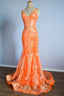 Orange Mermaid Spaghetti Straps Sequins Applique Long Prom Dresses