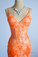 Orange Mermaid Spaghetti Straps Sequins Applique Long Prom Dresses Tulle Evening Dresses