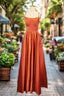 Orange Satin Prom Dresses A-line Square Neckline Spaghetti Straps Sweep Train Evening Dresses
