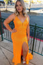 Orange Sequins Mermaid Prom Dresses with Slit