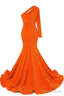 Orange Sequins Mermaid Prom Dress One Shoulder Prom Dresses Floor Length Wedding Prom Gown