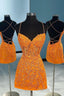 Orange Spaghetti Straps Tight Short Homecoming Dress with Appliques