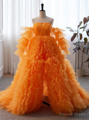 Orange Tulle Strapless Pleats Prom Dress