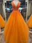 Orange Tulle V Neck Appliques Prom Dresses