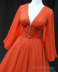 Orange Tulle V-Neck Sleeved Prom Dress