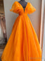 Orange V Neck Pleats Organza Prom Dresses