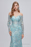 Pastel Blue Sparkly Embroidery Long Sleeve Mermaid Prom Dresses