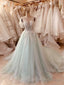 Pastel Mint Green Floral Lace Flutter Sleeve Ball Gowns Wedding Dress With Court Train & Glitter Tulle Prom Dresses